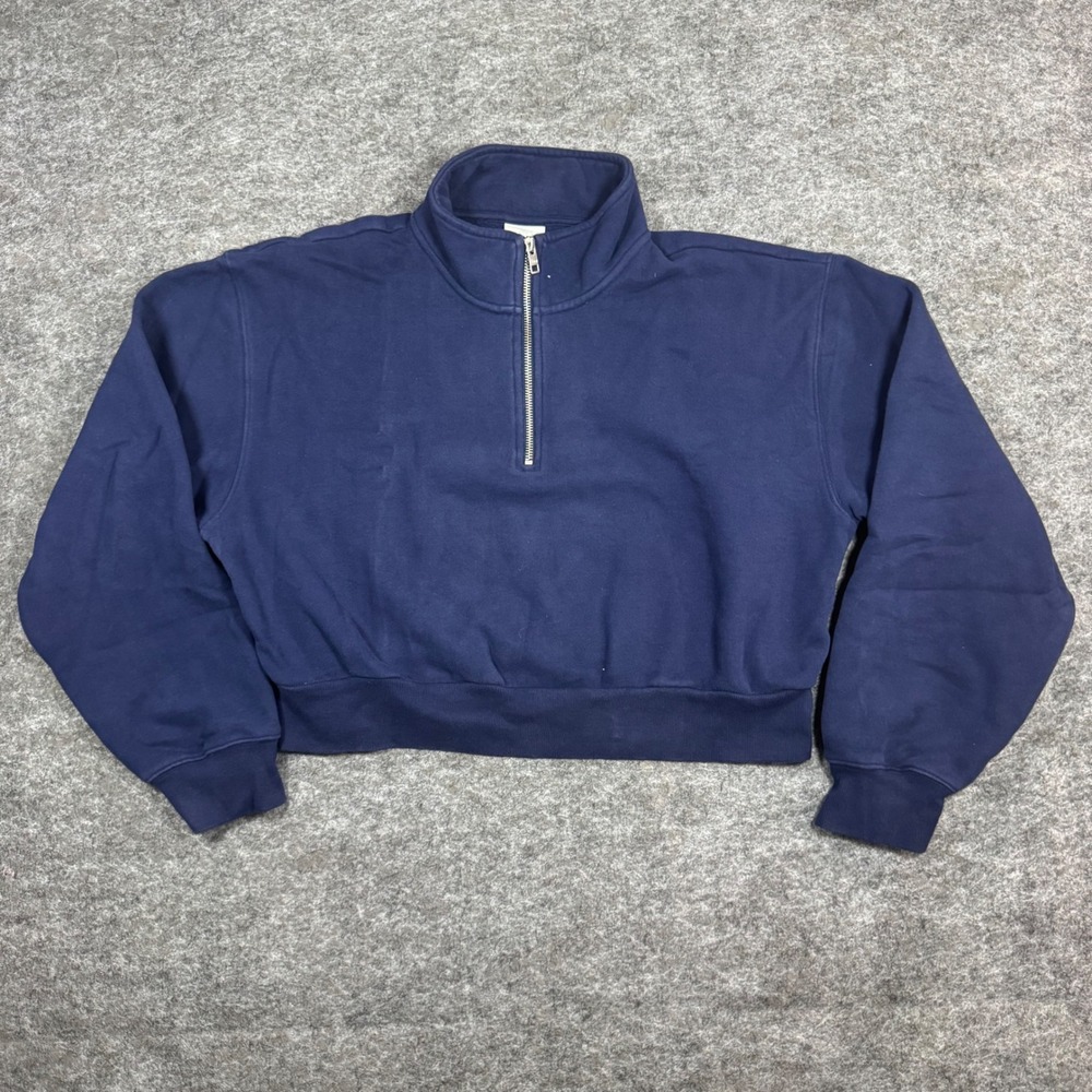 Tna Aritzia CozyAF Fleece Quarter Zip Cropped Sweatshirt Womens L Navy Blue Boxy
